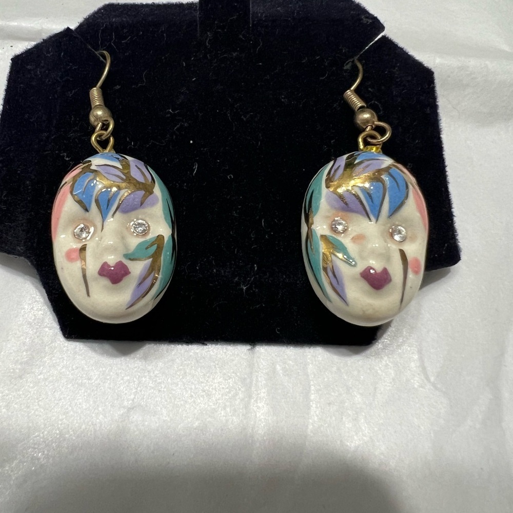 White and Blue Artistic Mask Earrings with Statement Design